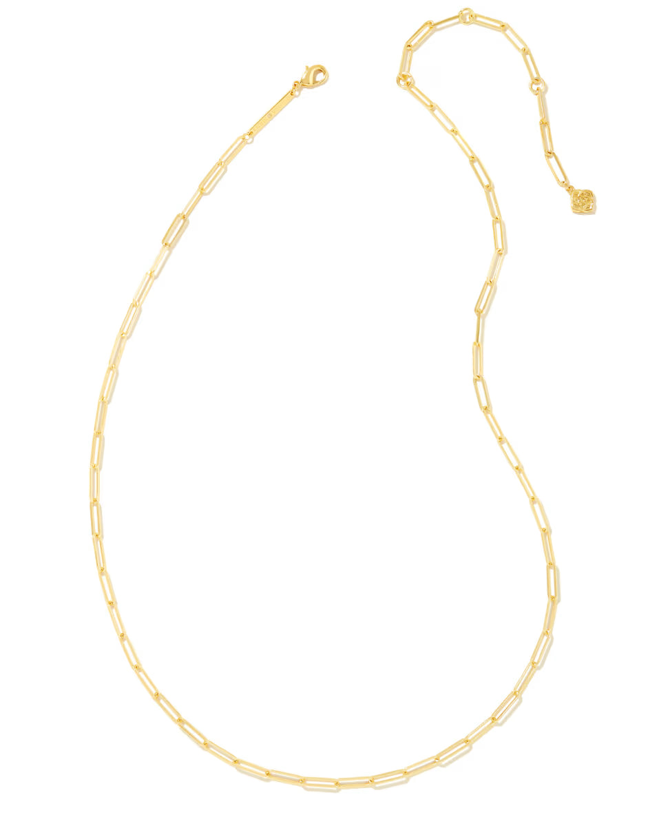 The Courtney Paperclip Necklace in Gold by Kendra Scott features elongated oval links and an adjustable clasp; available in multiple lengths.