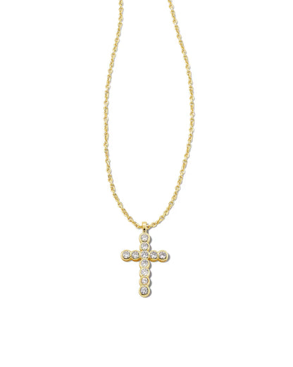 Cross Gold Pendant Necklace in White Crystal by Kendra Scott, featuring a gold chain and a cross-shaped pendant with white crystals. Available in multiple sizes.