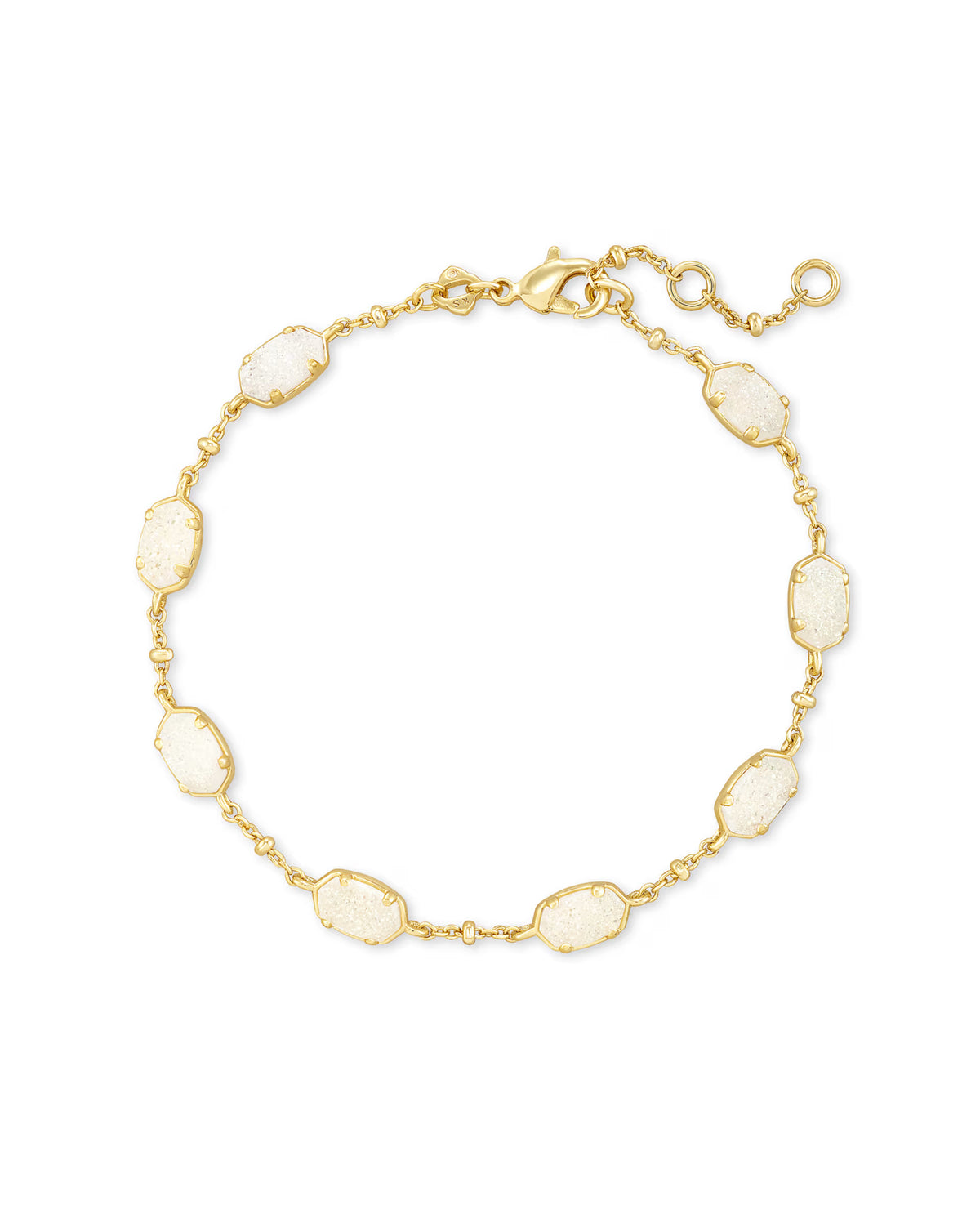 Delicate gold chain bracelet with eight oval iridescent drusy white stone charms and an adjustable clasp for customizable sizing. Sizes available.