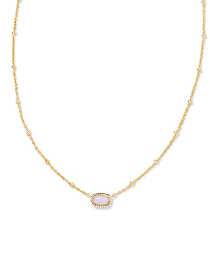 Mini Elisa Gold Satellite Short Pendant Necklace in Pink Opalite Crystal by Kendra Scott, featuring a gold chain with small pearl-like beads and an oval pink opalite crystal set in a gold bezel. Available in short lengths.