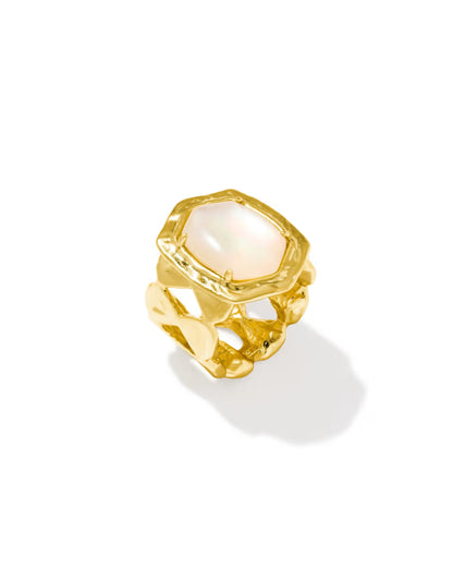 Tiger Striped Daphne Gold Cocktail Ring by Kendra Scott with a thick, textured gold band and large oval natural mother-of-pearl stone in a geometric gold frame. Available in sizes 5-9.