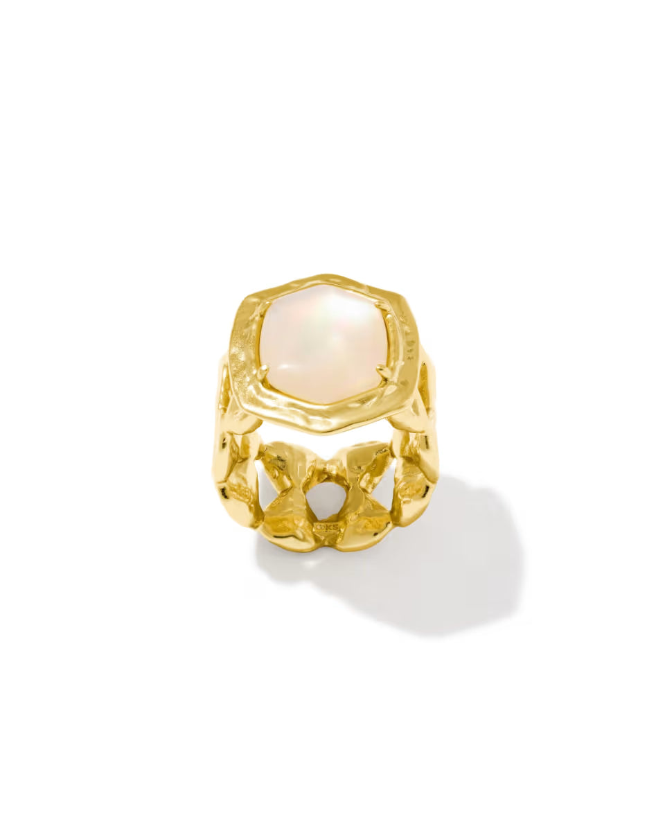 Gold-plated Tiger Striped Daphne Gold Cocktail Ring in Natural Mother of Pearl by Kendra Scott, featuring a large iridescent hexagon stone in a molten bezel with an openwork band. Available in sizes 5-9.