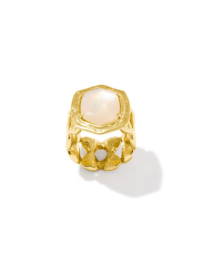 Gold-plated Tiger Striped Daphne Gold Cocktail Ring in Natural Mother of Pearl by Kendra Scott, featuring a large iridescent hexagon stone in a molten bezel with an openwork band. Available in sizes 5-9.