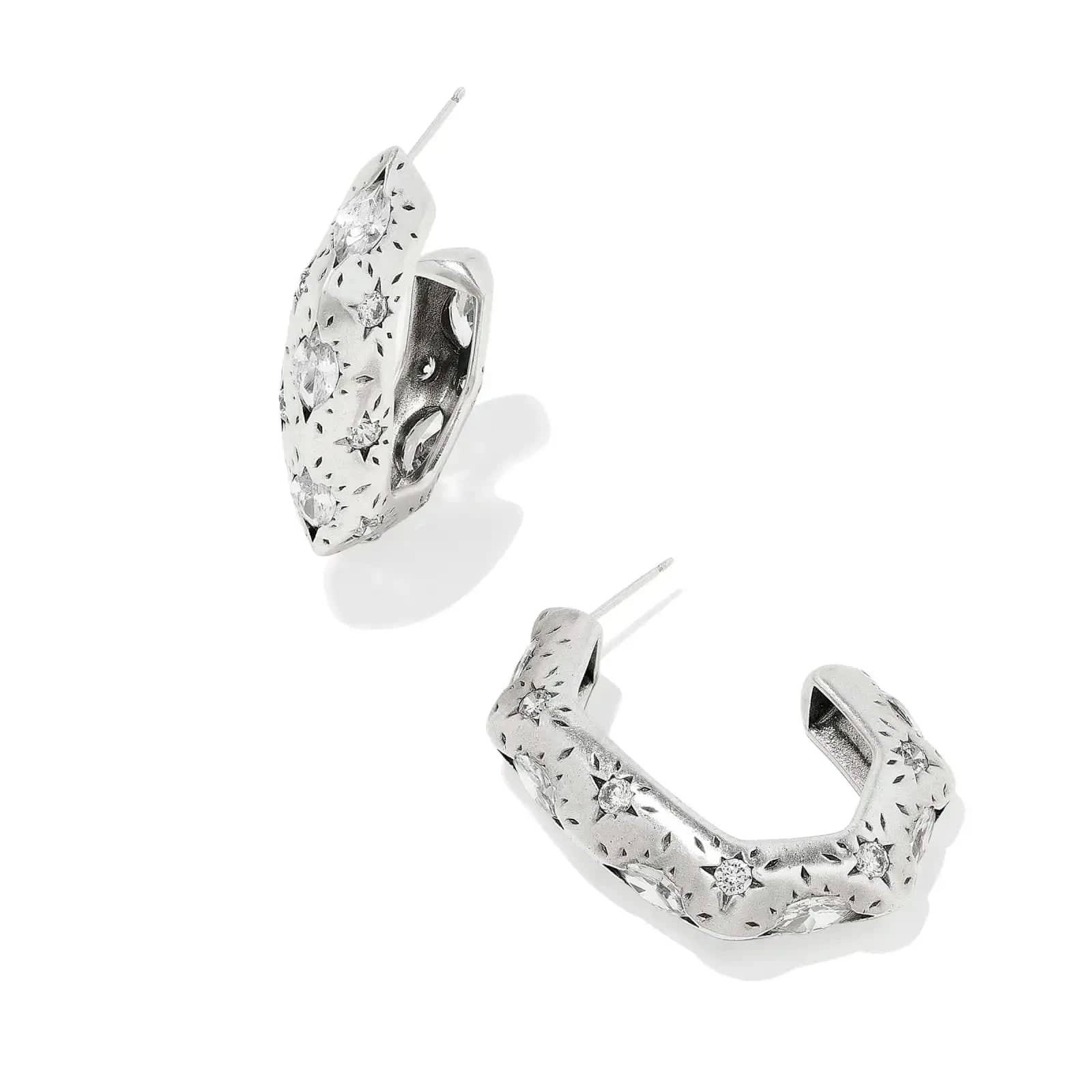 Kendra Scott Women - Accessories - Earrings Holland Vintage Silver Hoop Earrings in White Crystal  | Kendra Scott