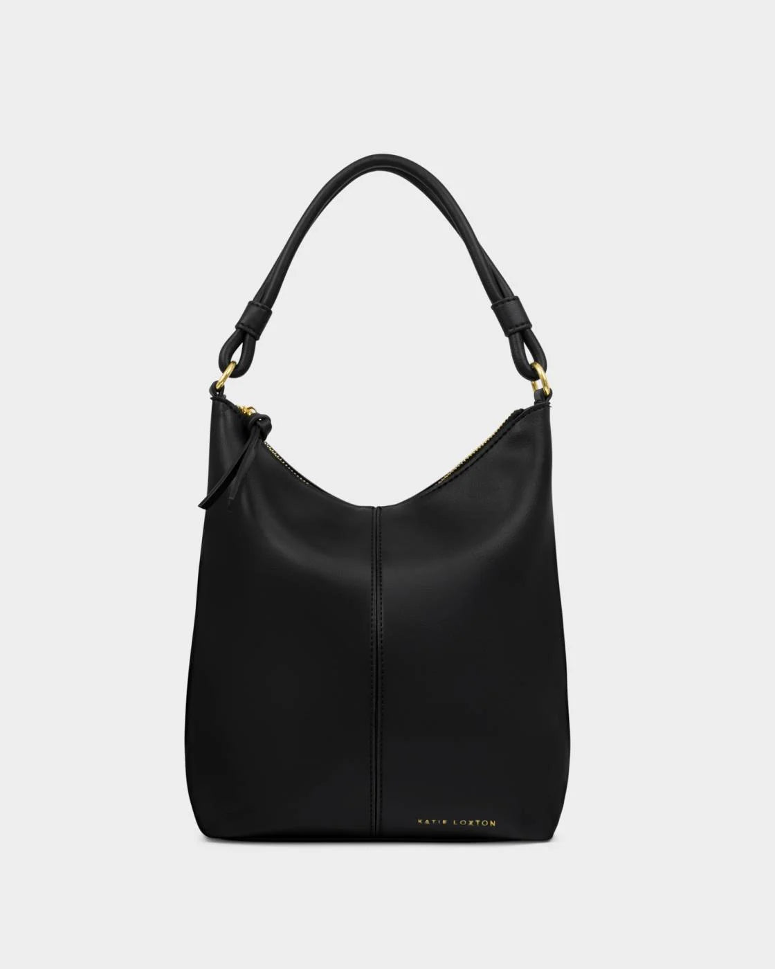 The Hallie Satchel Bag | Black features vegan leather, a single top handle, gold hardware, and a subtle brand logo near the base. Available in multiple sizes.