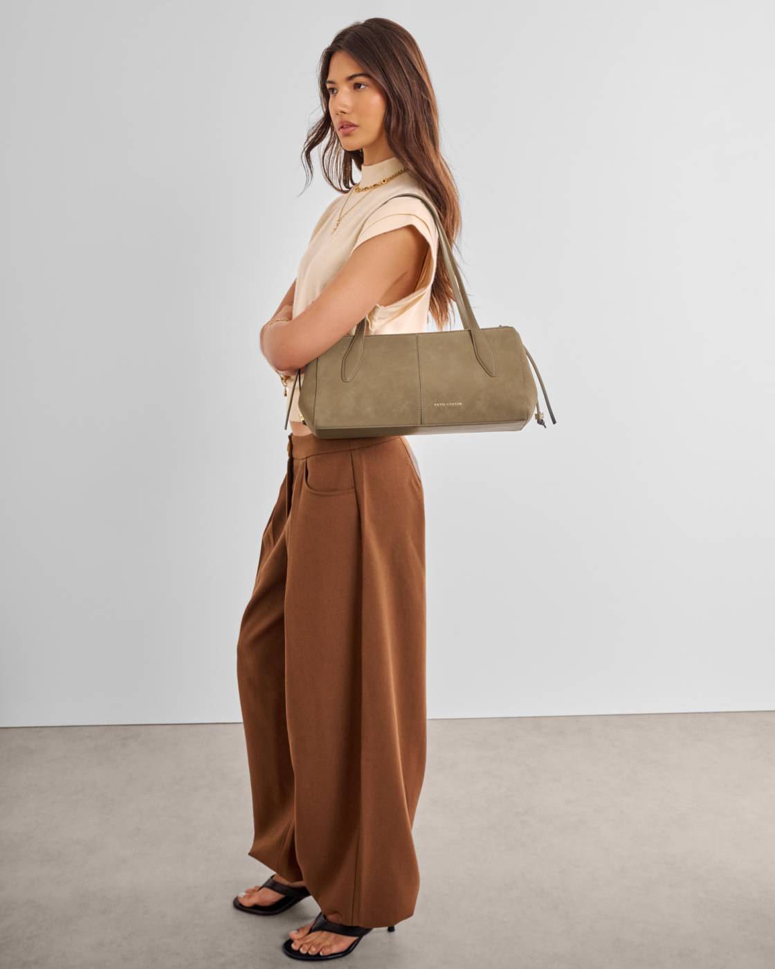 Hattie Suedette Shoulder Bag in Taupe shown; available in S, M, and L.