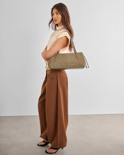 Hattie Suedette Shoulder Bag in Taupe shown; available in S, M, and L.
