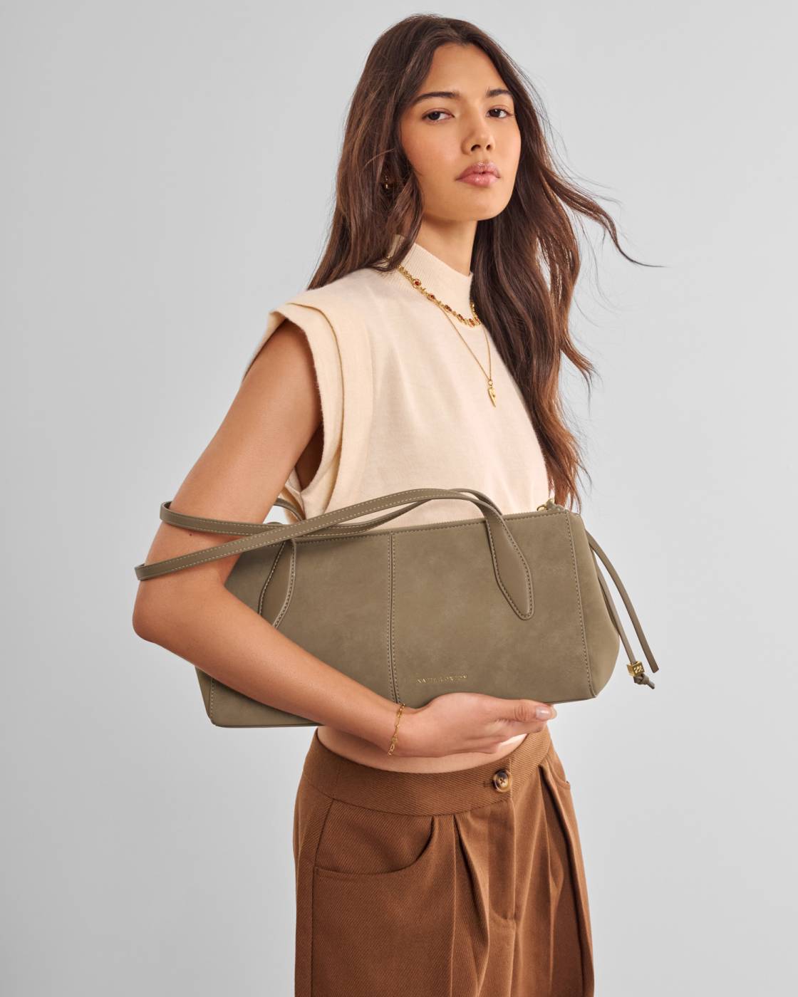 Large Hattie Suedette Shoulder Bag in Taupe, made from waterproof suedette and vegan leather; available in multiple sizes.