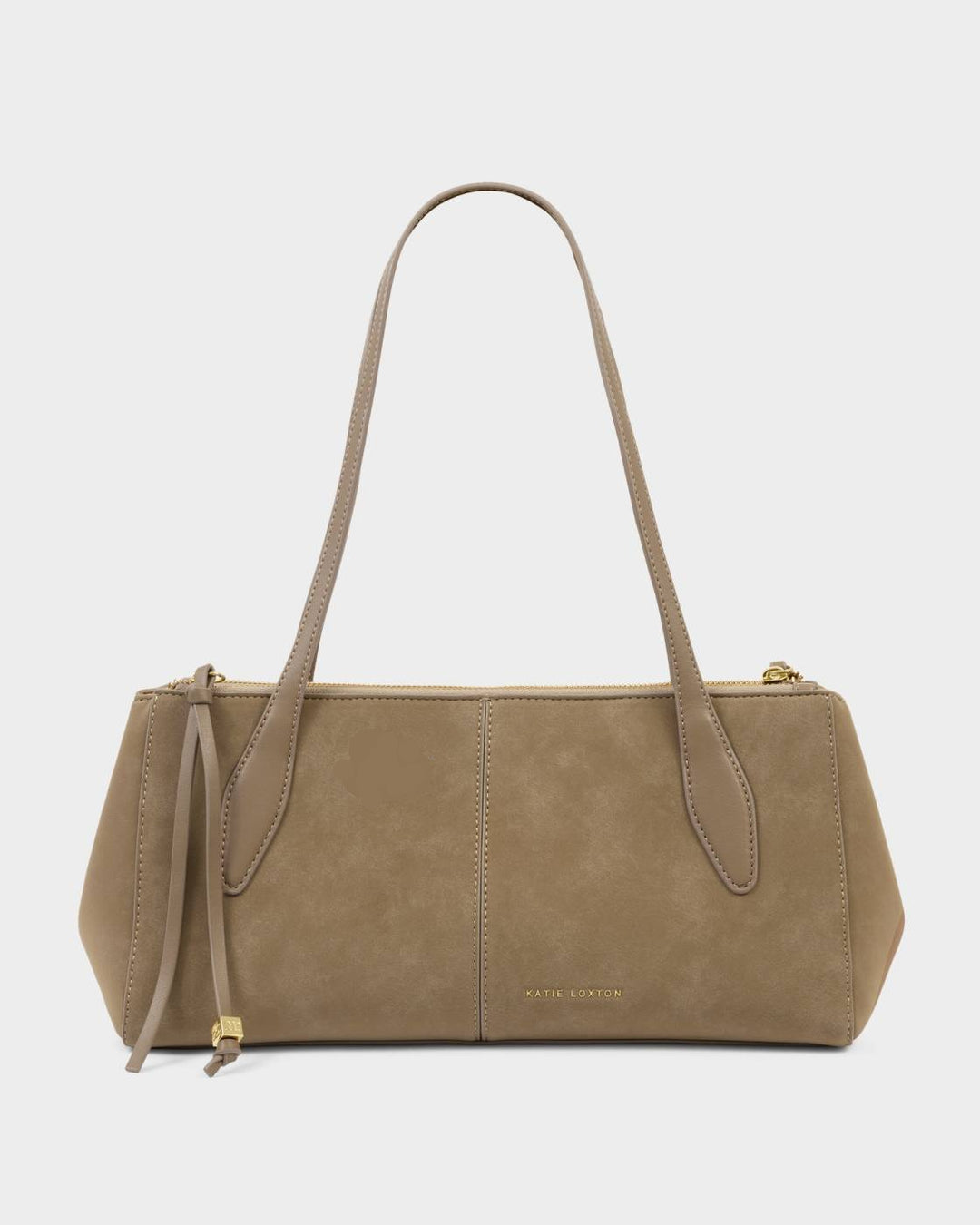 Taupe Hattie Suedette Shoulder Bag in waterproof suedette and vegan leather with long double straps, gold hardware, front seam detail, and subtle gold logo. Soft suede-like texture and minimalist design. Available in sizes small, medium, and large.