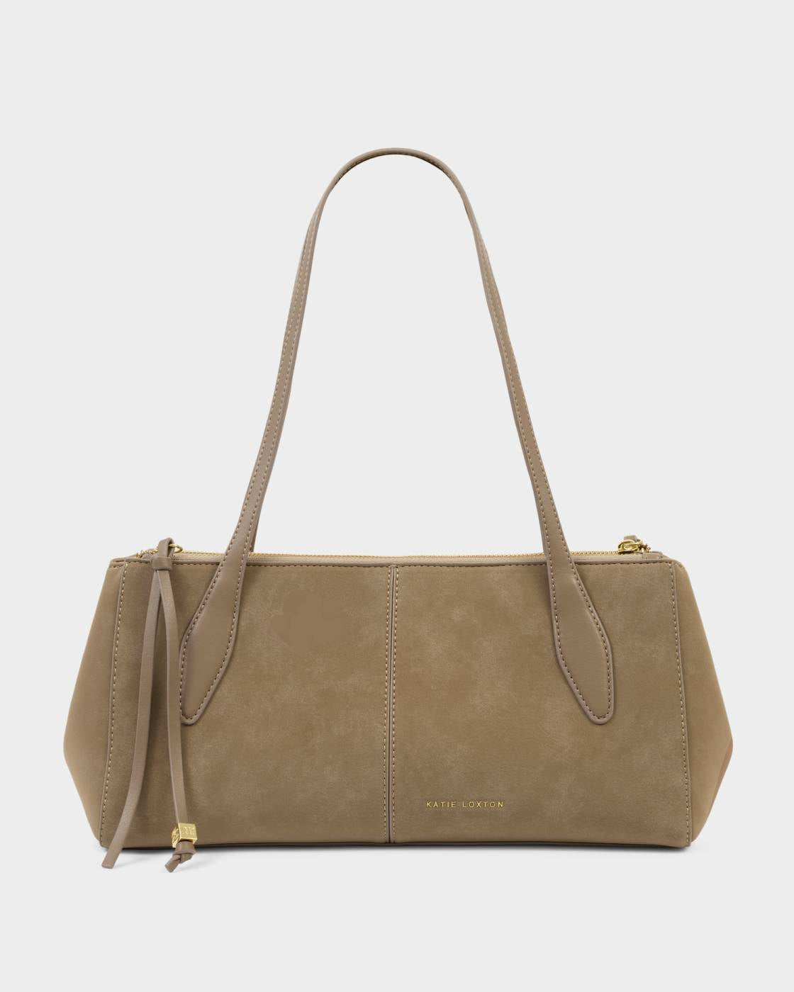 Taupe Hattie Suedette Shoulder Bag in waterproof suedette and vegan leather with long double straps, gold hardware, front seam detail, and subtle gold logo. Soft suede-like texture and minimalist design. Available in sizes small, medium, and large.