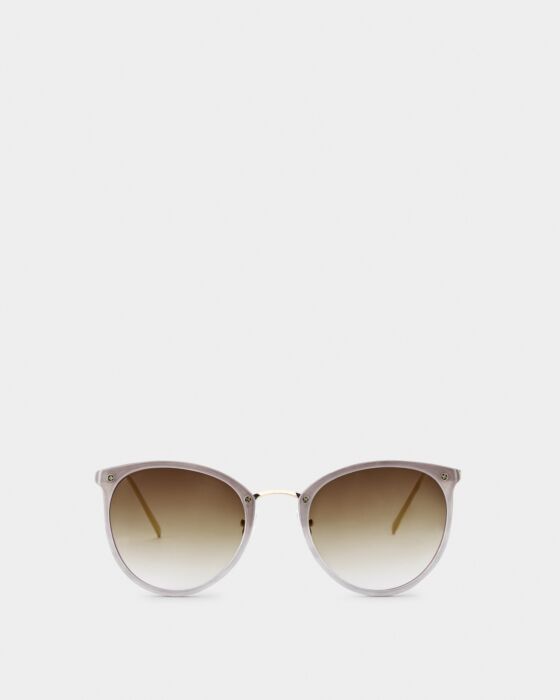 Santorini Sunglasses: round light gray recycled frames, gold bridge/arms, brown gradient UV400 lenses. Sizes: S, M, L, XL.