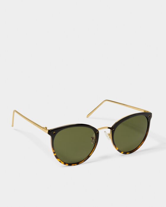 Santorini Sunglasses: Cat-eye, green lenses, gold temples, UV400. Available in 4 colors and multiple sizes.
