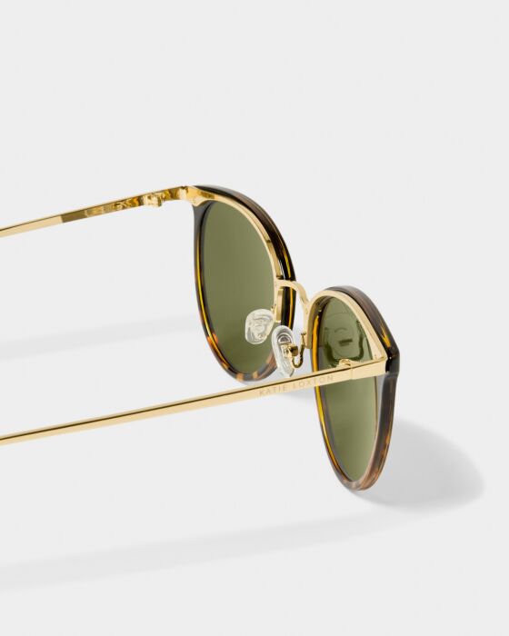 Santorini Sunglasses in 4 colors with green UV400 lenses, gold/tortoiseshell frame, recycled materials. Sizes: S, M, L.