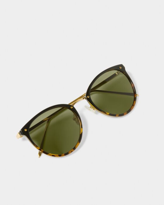 Santorini Sunglasses: gold frames, green UV400 lenses, dark tortoiseshell accents. Available in 4 colors. Sizes: S, M, L.