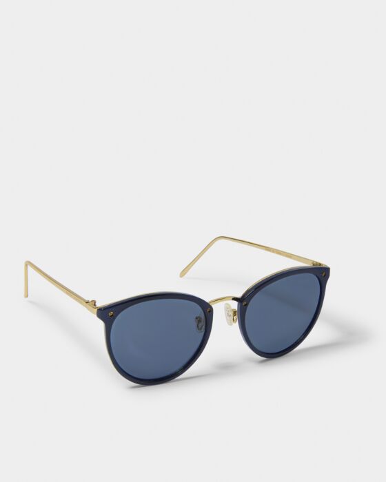 Santorini Sunglasses offer round dark blue UV400 lenses, black frames, thin gold arms. Sizes available: S, M, L.