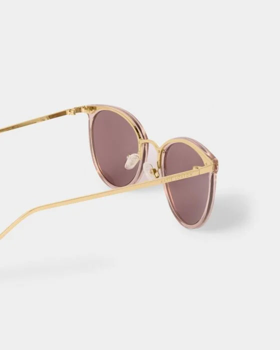 Santorini Sunglasses: UV400, pink recycled frames, gold arms, purple round lenses. Available sizes: S, M, L, XL.