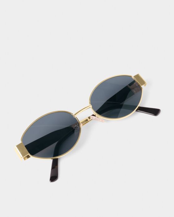 Siena Sunglasses: gold oval frames, dark UV400 lenses, black earpieces. Available in S, M, L sizes.