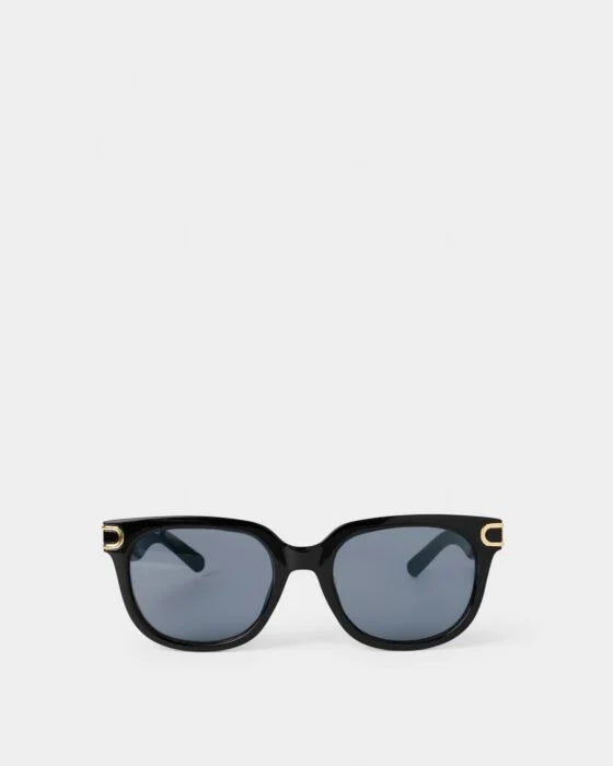 Black Manhattan Sunglasses with dark lenses, gold corner details, UV400 protection; sizes: small, medium, large.