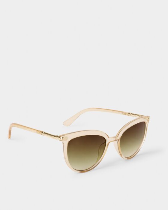 Ravello Sunglasses in beige with cat-eye shape, gold arms, UV400 brown lenses, recycled materials. Sizes: S, M, L.