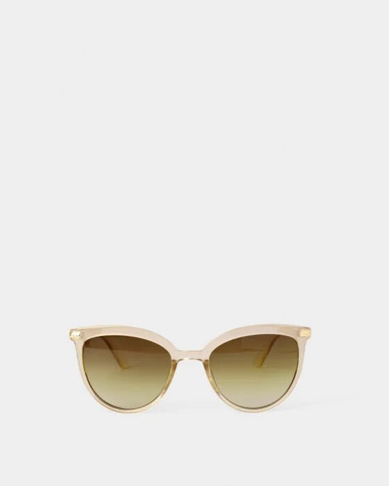 Beige cat-eye Ravello Sunglasses with gradient green lenses, recycled materials, UV400 protection. Sizes: S, M, L.
