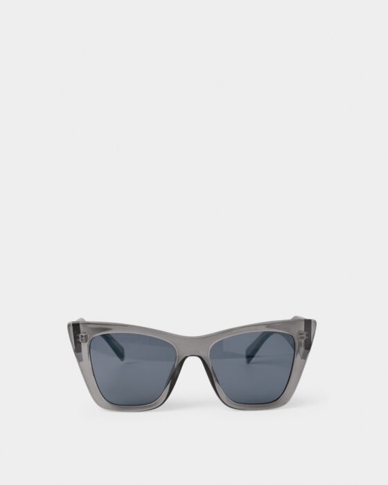 Gray Porto Sunglasses with angular cat-eye recycled frames, dark UV400 lenses. Sizes: S, M, L.