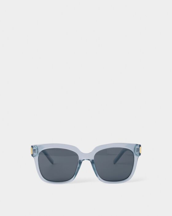 Roma Sunglasses: square, translucent light blue recycled frames, dark UV400 lenses. Available in small, medium, large.
