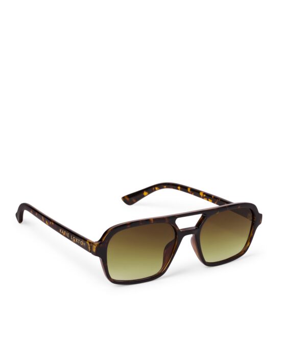 Ibiza Sunglasses: tortoiseshell rectangular frames, green gradient lenses, UV400, "Katie Loxton" in gold. Sizes: S/M, M/L.