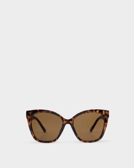 Mykonos Oversized Cat-Eye Sunglasses with dark tortoiseshell frame, brown UV400 lenses. Sizes: Standard, Large.