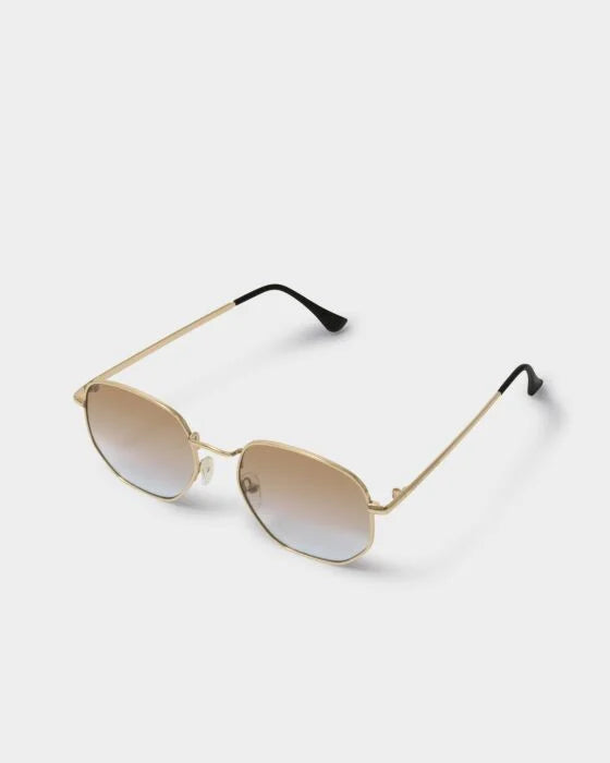 Gold metal Cali Round Square Sunglasses with rectangular gradient lenses, UV400, black-tipped arms. Sizes: S, M, L.