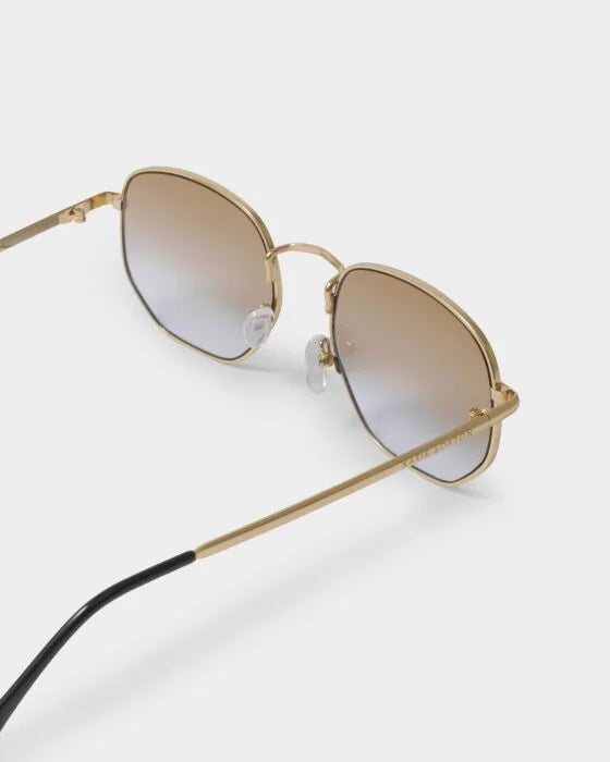 Gold-framed Cali Round Square Sunglasses with brown gradient lenses, black tips, UV400. Sizes: S, M, L.