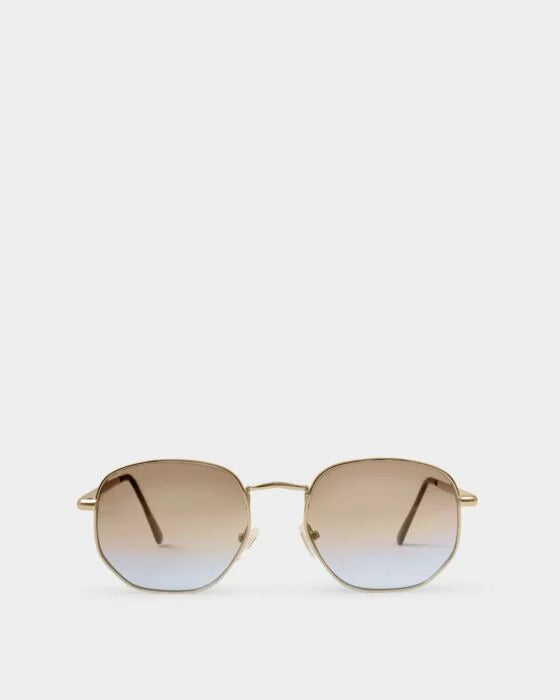 Cali Round Square Sunglasses: gold frames, round gradient lenses, UV400 protection. Sizes: S, M, L.