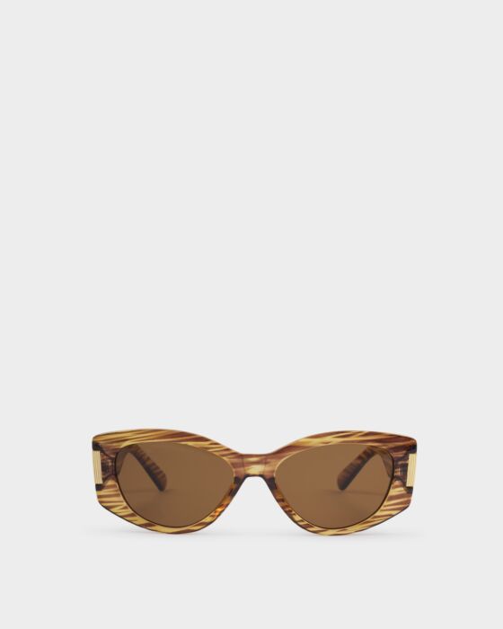 Brown Rimini Cat-Eye Sunglasses with oval tiger-striped recycled frames, dark UV400 lenses. Sizes: not specified. 3 colors.