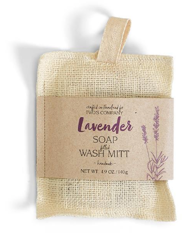 Beige jute exfoliant bath mitt with lavender-labeled 4.9 oz soap; available in one size.