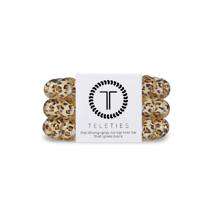 TELETIES Hair Ties in leopard print offer a strong grip and no-rip features. Sizes available: Small, Large.