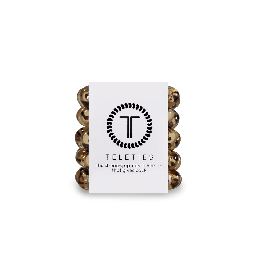 TELETIES Hair Ties: Brown tortoiseshell design, strong-grip, no-rip. Sizes available: Small and Large.