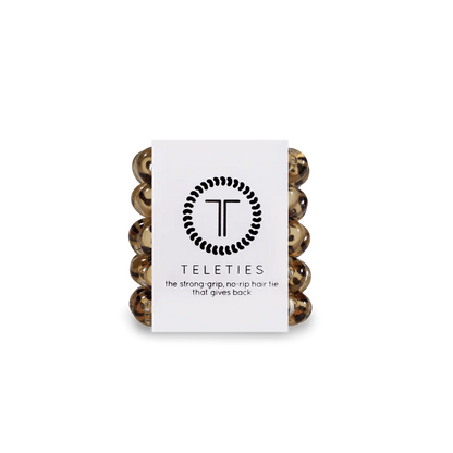 TELETIES Hair Ties: Brown tortoiseshell design, strong-grip, no-rip. Sizes available: Small and Large.