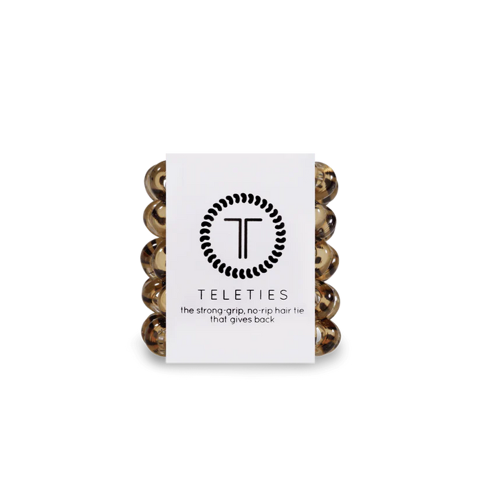 TELETIES Hair Ties: Brown tortoiseshell design, strong-grip, no-rip. Sizes available: Small and Large.