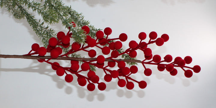 38″ burgundy flocked berry stem with pine needles.