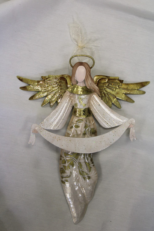 7x8.5" Metal Angel Ornament: Features golden wings, halo, faceless design, white and gold banner, elegant robe with gold accents.