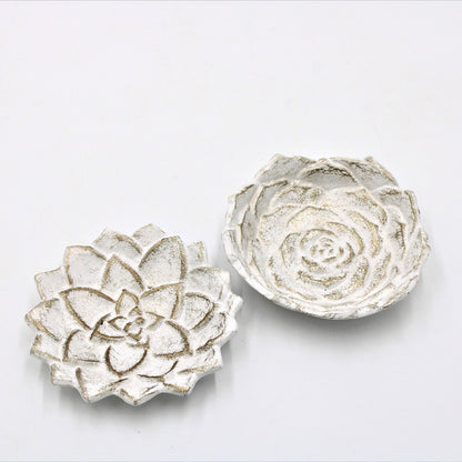 Two 5" cast iron flower dishes, succulent-inspired, rustic white finish with beige accents. Available size: 5 inches.