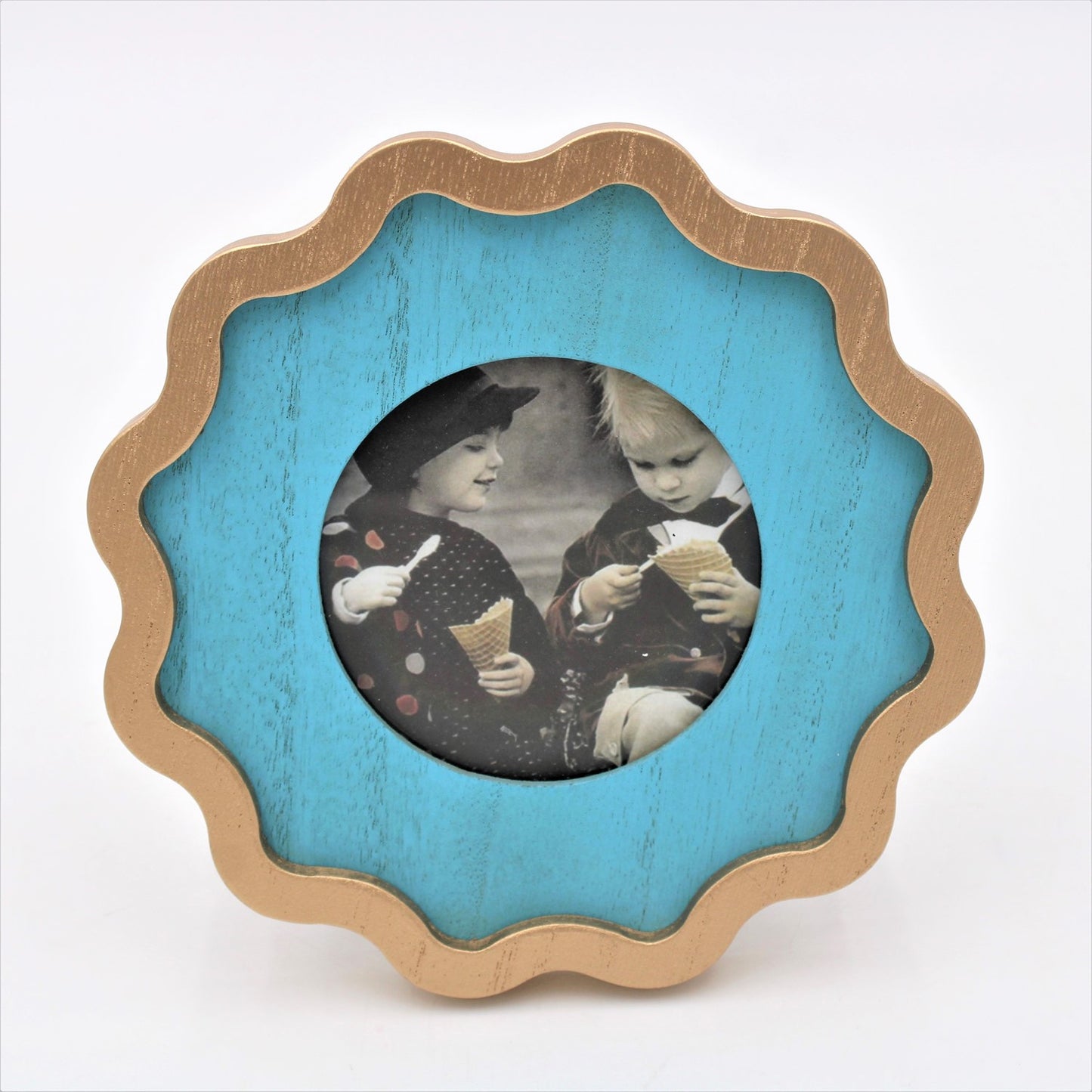 Turquoise Wood Scalloped Photo Frame with decorative blue paint and gold border. Available sizes: [Specify sizes].