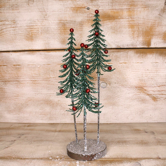 5"x14" Green with Red Ornaments Glittered Trees on Base