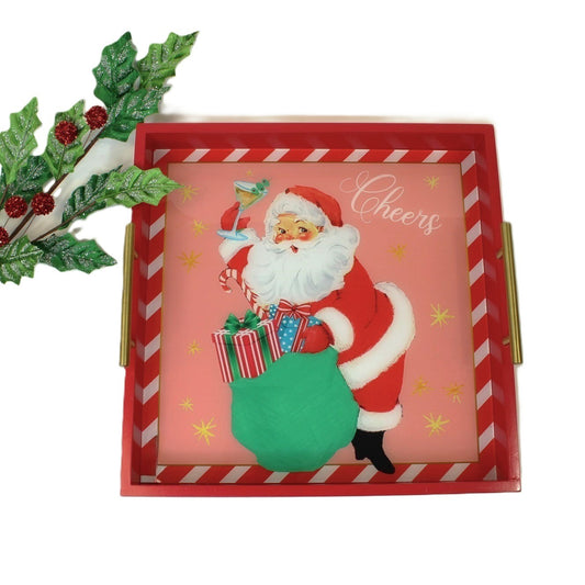 16"x16" Wood Tray with Gold Handles, Cheers Santa
