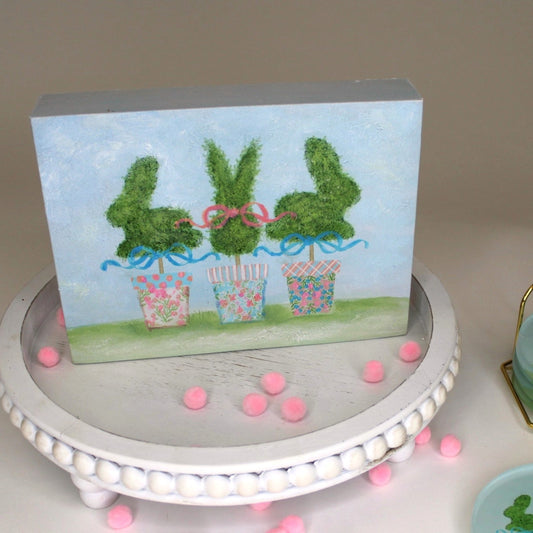 Hand-painted Canvas Table Sign | Bunny Topiary Trio