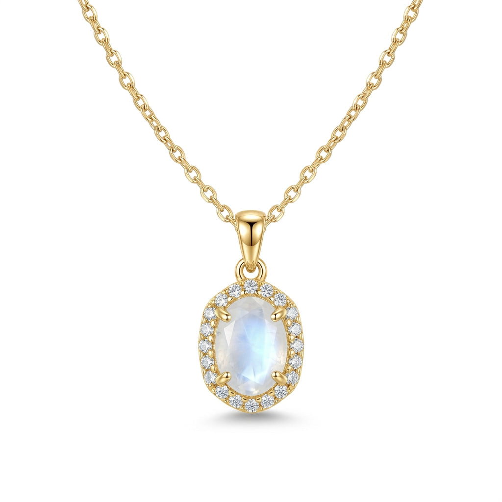 Kendra Scott Daphne Amelia Jewelry Box Set, gold necklace with oval moonstone pendant and white crystal halo.