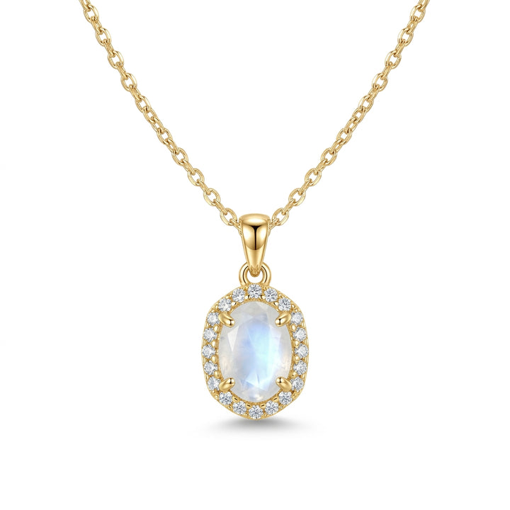 Kendra Scott Daphne Amelia Jewelry Box Set, gold necklace with oval moonstone pendant and white crystal halo.
