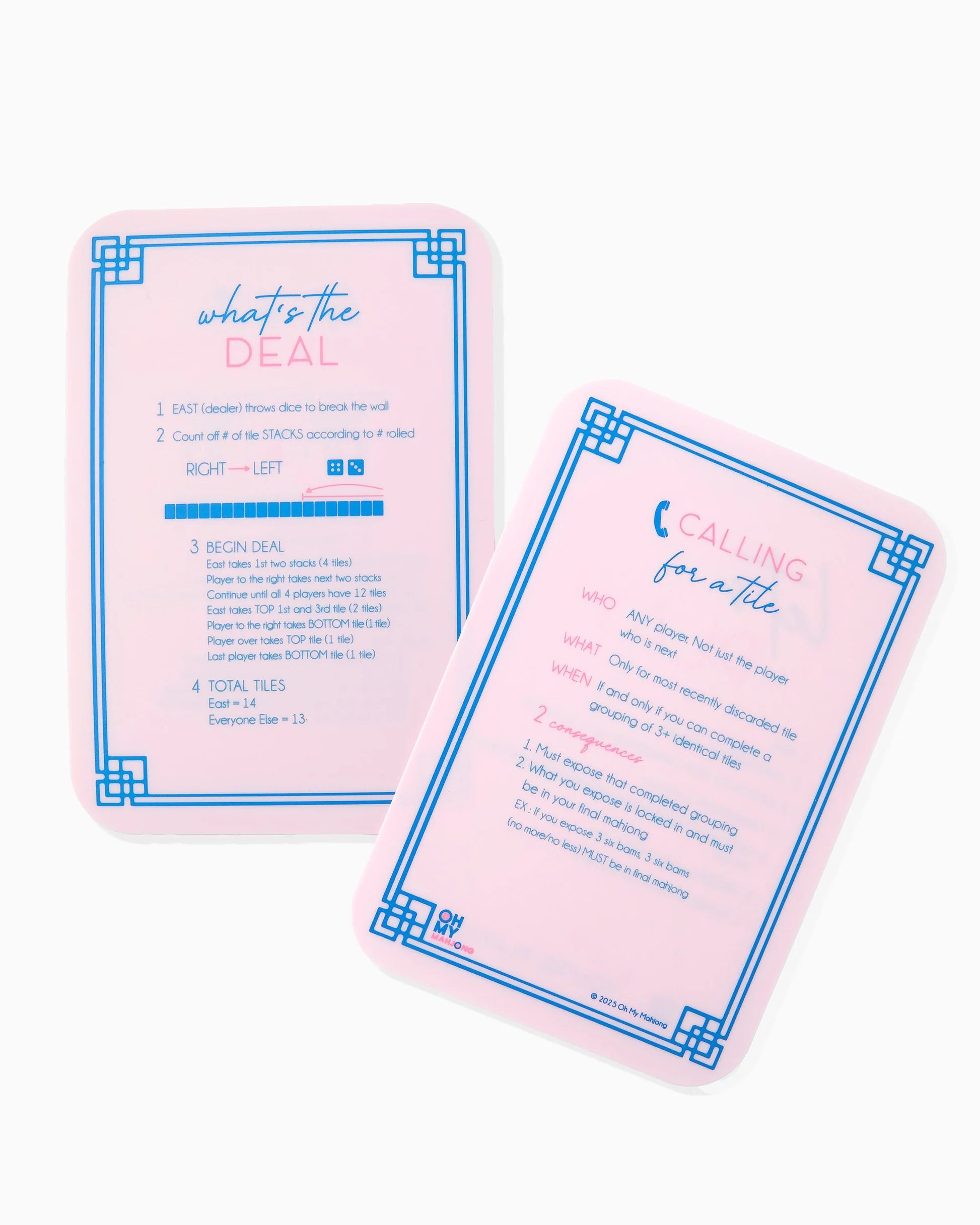 Light Pink Shufflers: Two rectangular instruction cards with blue and pink borders, labeled rules. Sizes available.