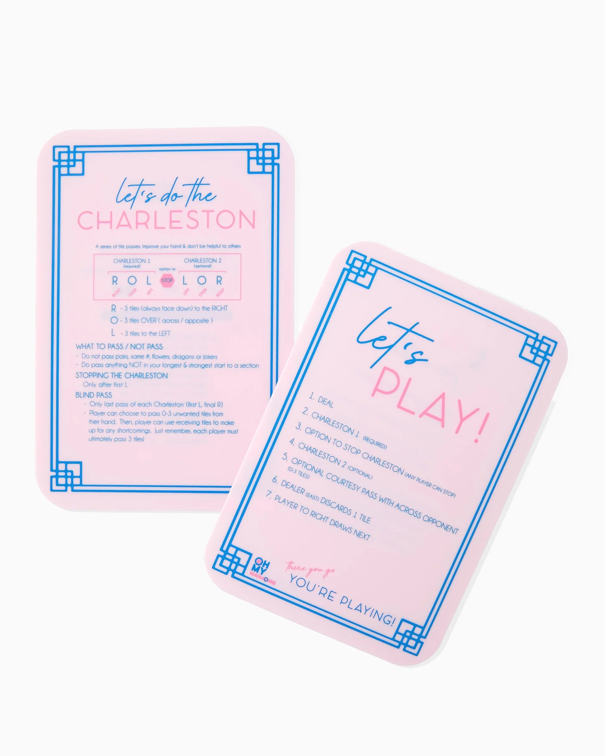 Pastel pink card with blue and pink borders displaying Charleston dance steps. Available sizes: standard and mini.
