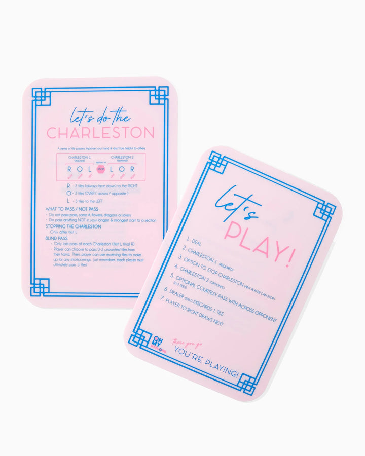 Pastel pink card with blue and pink borders displaying Charleston dance steps. Available sizes: standard and mini.