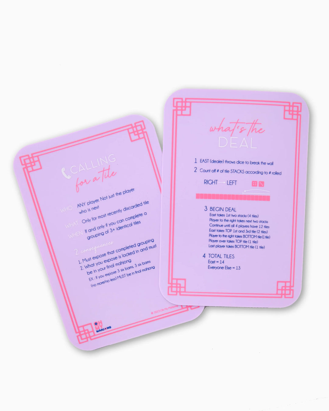 Two rectangular instruction cards with pink borders and red accents; available in standard playing card size.